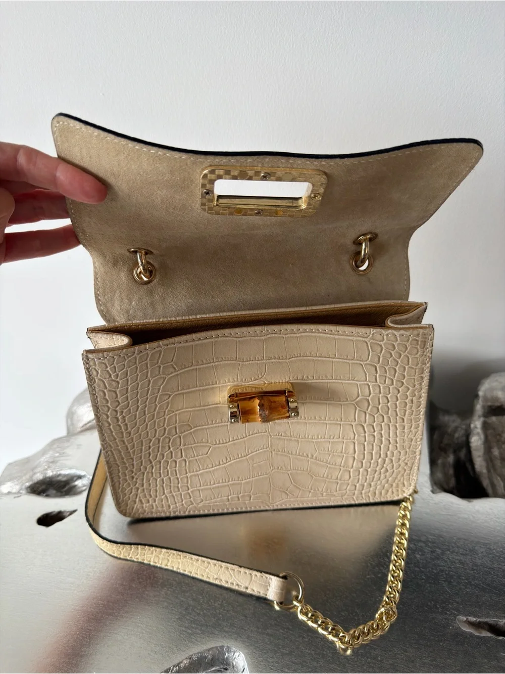 Leather Croc-Embossed Top-Handle Bag w/ Bamboo Accent | Made in Italy | Neutral